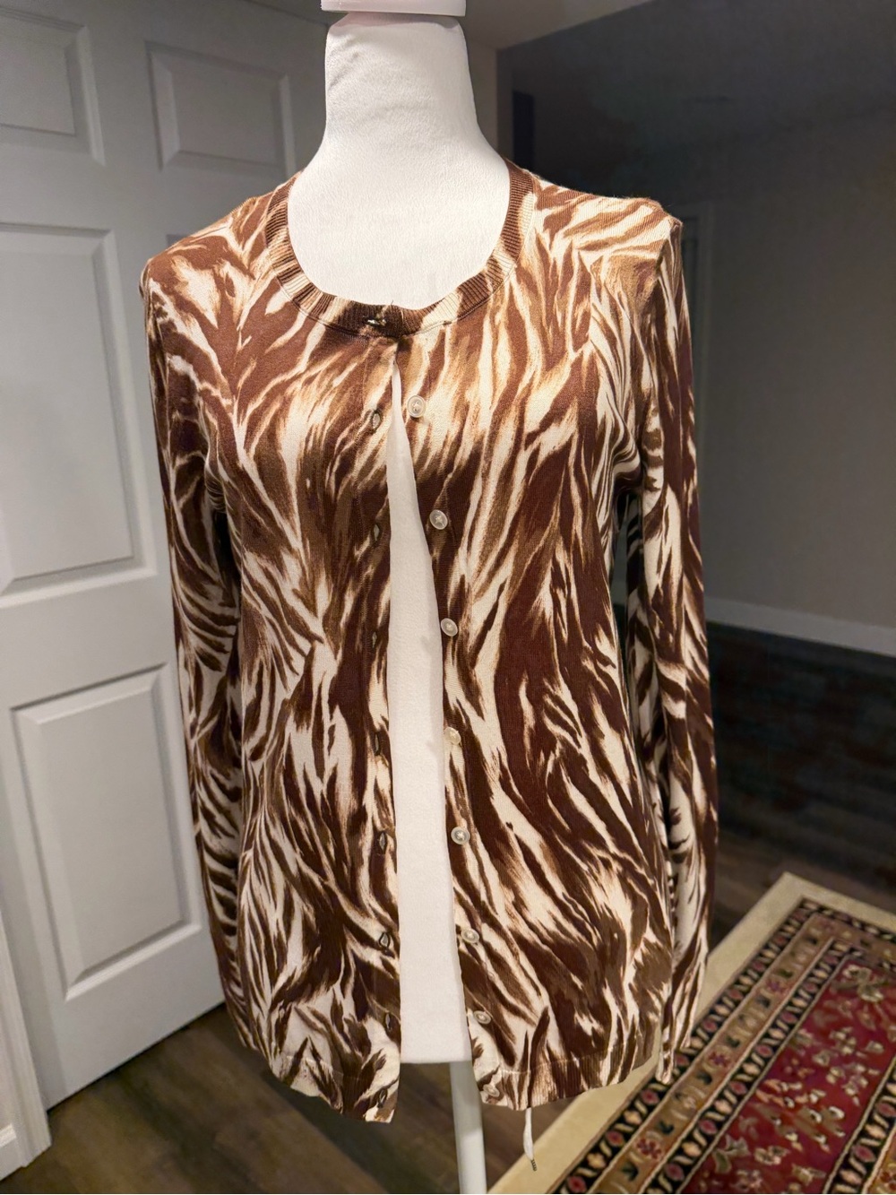Talbots Brown and Cream Animal-Print Button Cardigan